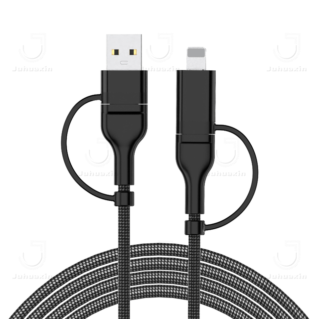 Juhuaxin New Charger Fast Data Charging Cable 4 in 1 with Lightning Type-C Connectors for Mobile Phones 